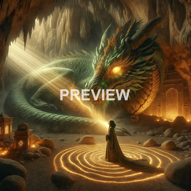 A woman in a long robe stands in a glowing circle of light inside a cave, facing a massive, glowing, dragon-like creature with horns and luminous eyes.